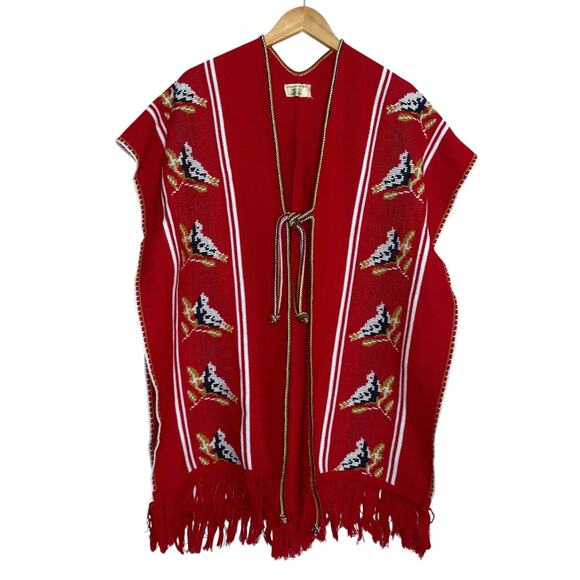 Vintage Comanche Imports Poncho Shawl Fringe Boho Bird Festival OS Mexico - Picture 1 of 8